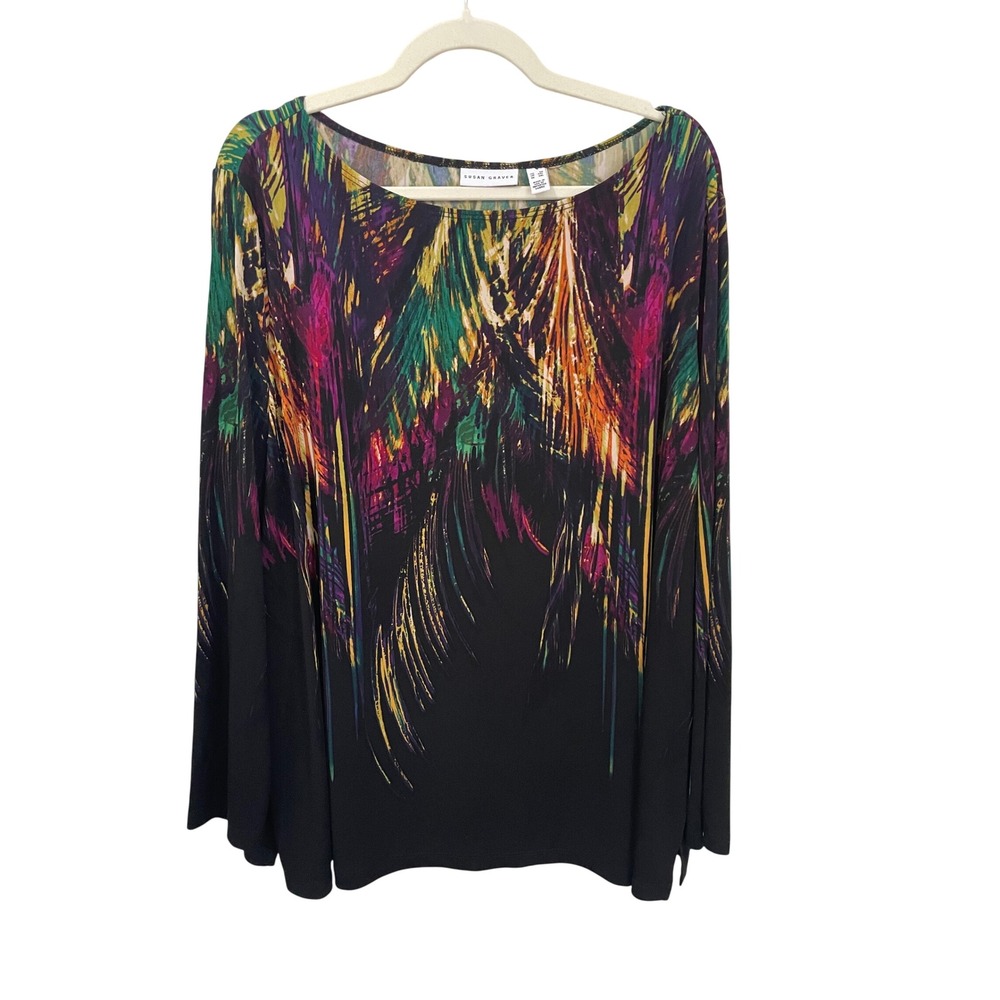 Susan Graver 3X Liquid Knit Abstract Feather Print Long Sleeve Top Black Multi